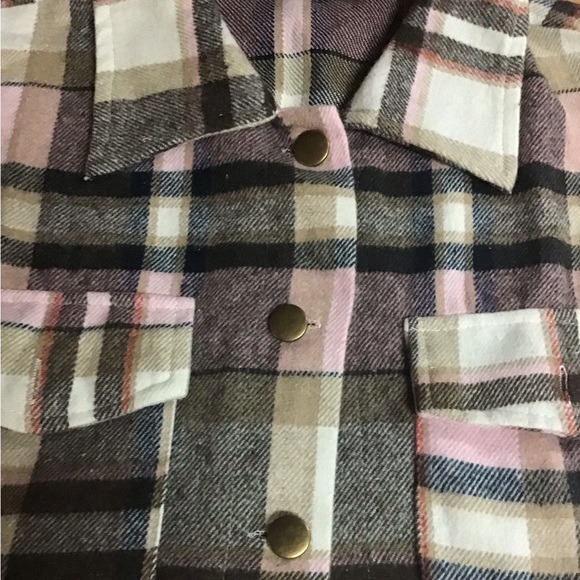 Plaid Flannel Shacket Shirt Jacket Pink Tan Gray - Picture 8 of 12